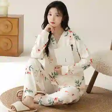 莫代尔 柔软透气吸湿排汗轻盈微弹亲肤耐磨舒适长袖长裤居家休闲可外穿睡衣套装 女款 杏色