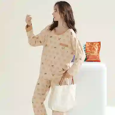 莫代尔 纯棉轻盈吸湿排汗舒适透气亲肤细腻柔软耐磨微弹带胸垫长袖长裤居家休闲可外穿秋冬季睡衣套装 女款 杏色