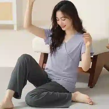 莫代尔 可外穿柔软休闲透气舒适清新简约时尚短袖长裤居家服睡衣套装 女款 天蓝色