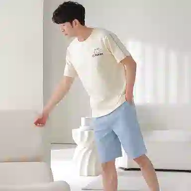 莫代尔 简约时尚卡通小熊舒适透气短袖休闲可外穿五分裤睡衣套装 男款 杏色