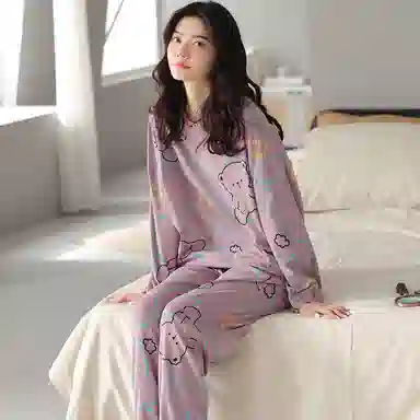 莫代尔 圆领简约舒适字母长袖上衣松紧腰长裤睡衣套装 女款 灰紫色