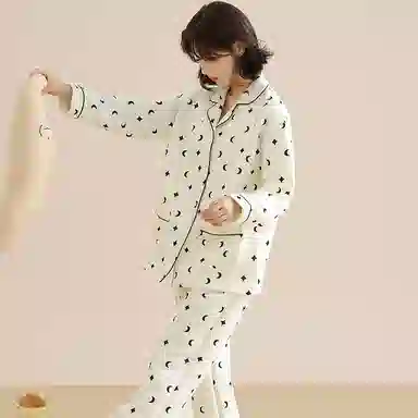 莫代尔 保暖亲肤翻领开衫时尚满印两侧隐蔽哺乳口长袖可调节裤腰长裤夹层月子服可外穿睡衣套装 女款 杏色