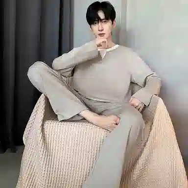 莫代尔 亲肤舒适套头圆领长袖家居服可外穿长裤睡衣套装 男款 卡其色