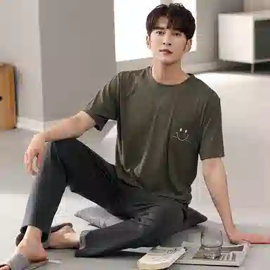 莫代尔 休闲舒适亲肤纯色透气圆领套头短袖上衣松紧腰长裤睡衣套装 男款 橄榄色