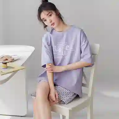 莫代尔 轻柔个性纯棉圆领舒适亲肤细腻无束缚时尚短袖三分裤睡衣套装 女款 紫色