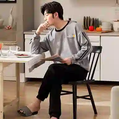 莫代尔 经典简约时尚气质保暖轻柔亲肤舒适圆领有口袋长袖长裤时尚可穿睡衣套装 男款 灰色