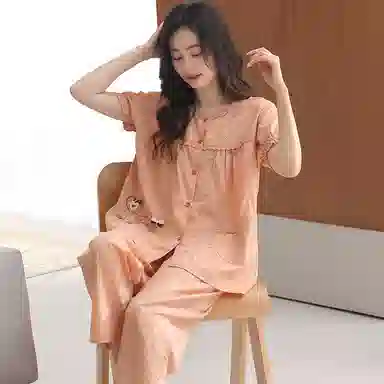 莫代尔 时尚简约休闲舒适圆领开衫轻盈透气柔软亲肤细腻宽松不易起球短袖长裤家居服可外穿睡衣套装 女款