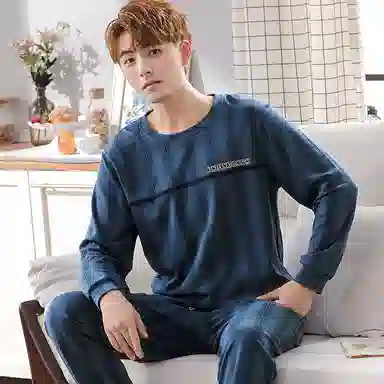 莫代尔 轻盈透气亲肤吸湿排汗舒适耐磨柔软微弹可居家休闲可外穿长袖长裤睡衣套装 男款 藏青色