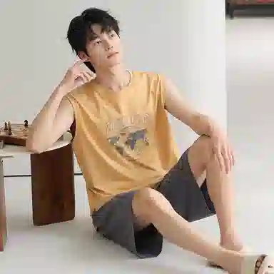 莫代尔 可外穿经典休闲简约亲肤时尚柔软圆领居家服睡衣套装 男款 橙色