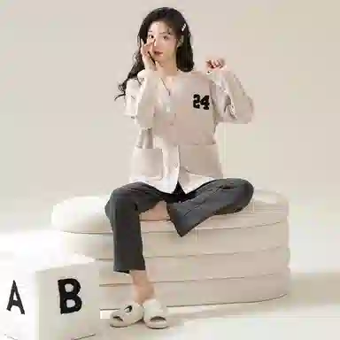 莫代尔 厚款细腻软糯舒适耐磨亲肤开衫长袖不勒腹长裤可居家休闲可外穿睡衣套装 女款 杏色