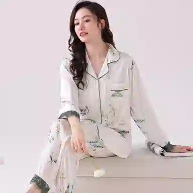 莫代尔 时尚舒适柔软亲肤长袖长裤翻领韩版甜美轻盈时尚家居服可外穿耐磨睡衣套装 女款 白色