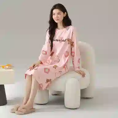 莫代尔 纯棉透气轻盈耐磨亲肤微弹吸湿排汗柔软细腻舒适可居家休闲可外穿长袖睡裙 女款 淡粉色