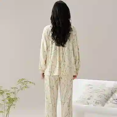 莫代尔 柔软轻盈青春透气简约微弹亲肤长袖长裤可外穿家居服睡衣套装 女款 杏色