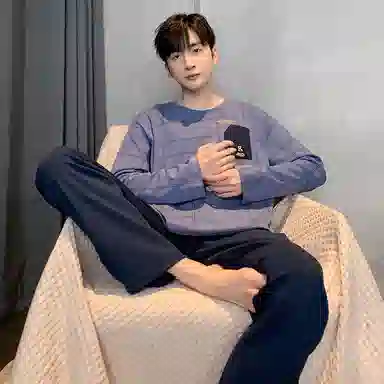 莫代尔 细腻耐磨舒适柔软亲肤透气微弹长袖松紧裤腰不勒腹长裤可居家休闲可外穿睡衣套装 男款 蓝色