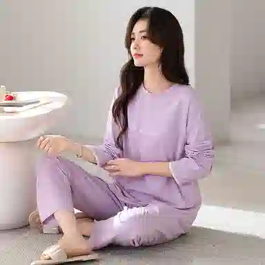 莫代尔 舒适亲肤柔软吸湿排汗轻盈微弹耐磨细腻透气长袖休闲可外穿秋冬季睡衣套装 女款 淡紫色