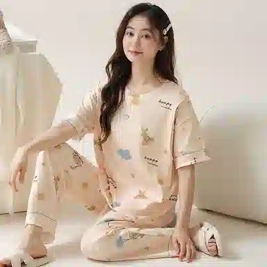 莫代尔 韩版舒适亲肤柔软轻盈透气休闲微弹圆领短袖长裤时尚家居月子服可外穿睡衣套装 女款 杏色