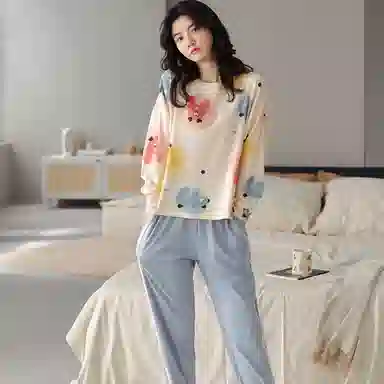 莫代尔 纯棉微弹吸湿排汗耐磨细腻舒适透气柔软亲肤轻盈可居家休闲可外穿长袖睡衣套装 女款 杏色