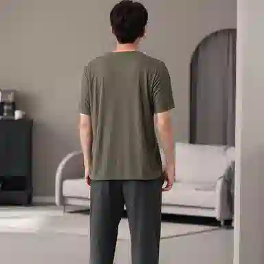 莫代尔 休闲舒适亲肤纯色透气圆领套头短袖上衣松紧腰长裤睡衣套装 男款 橄榄色