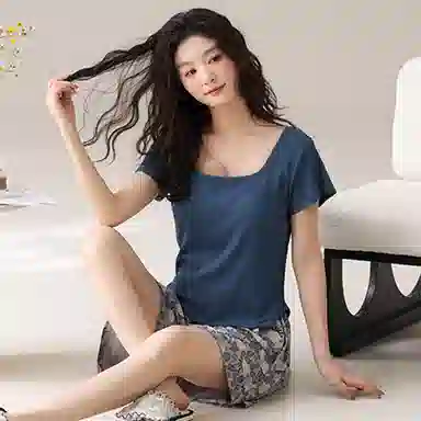 莫代尔 时尚气质方领休闲简约舒适柔软亲肤细腻短袖三分裤带胸垫防凸点家居服可外穿睡衣套装 女款