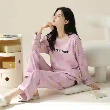 莫代尔 亲肤带胸垫防凸点套头圆领长袖长裤韩版卡通熊满印可外穿睡衣套装 女款 香芋紫