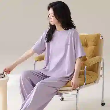 莫代尔 宽松显瘦轻薄透气圆领套头个性百搭舒适柔软亲肤细腻短袖长裤不易起球家居服可外穿女士睡衣套装 女款