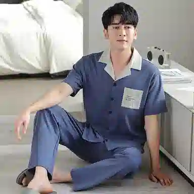 莫代尔 柔软舒适透气亲肤微弹耐磨吸汗开衫短袖松紧裤腰不勒腹长裤可居家休闲可外穿睡衣套装 男款 灰蓝色