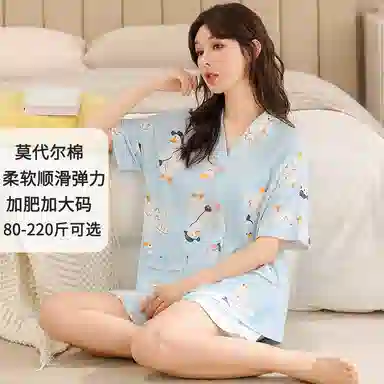 莫代尔 亲肤休闲细腻轻薄时尚舒适开衫甜美短袖居家服睡衣套装 女款 天蓝色