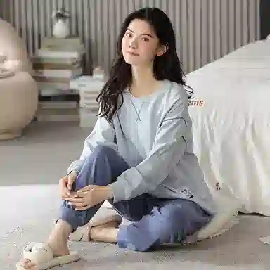 莫代尔 亲肤舒适套头圆领长袖长裤家居服简约可外穿睡衣套装 女款 浅蓝色