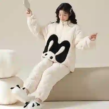 莫代尔 保暖亲肤加绒加厚舒适暖绒柔软储温蓄热卡通兔时尚韩版休闲简约拉链绒可外穿睡衣套装 男女同款