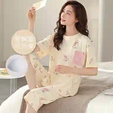 莫代尔 舒适亲肤柔软自带可拆卸胸垫防凸点细腻透气微弹耐磨吸汗短袖弹力裤腰不勒腹七分裤可居家休闲可外穿睡衣套装 女款 杏色