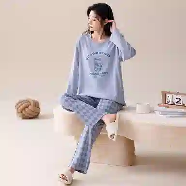 莫代尔 亲肤细腻柔软小清新透气带胸垫圆领长袖长裤可外穿居家服睡衣套装 女款 孔雀蓝