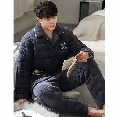 莫代尔 简约翻领舒适柔软亲肤加厚保暖微弹家居服可外穿睡衣套装 男款 灰暮色