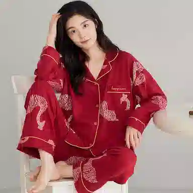 莫代尔 简约亲肤舒适时尚开衫长袖长裤家居服可外穿睡衣套装 男女同款 红色