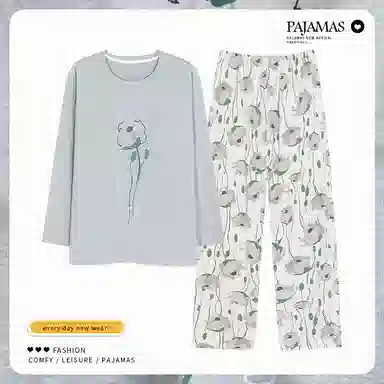 莫代尔 小清新长袖长裤带胸垫简约时尚柔软舒适透气居家可外穿睡衣套装 女款 图色