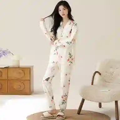 莫代尔 柔软透气吸湿排汗轻盈微弹亲肤耐磨舒适长袖长裤居家休闲可外穿睡衣套装 女款 杏色