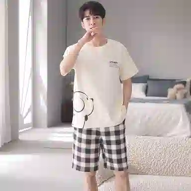 莫代尔 薄款舒适亲肤韩版卡通时尚经典短袖五分裤家居服可外穿睡衣套装 男款 杏色