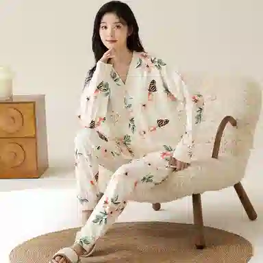 莫代尔 柔软透气吸湿排汗轻盈微弹亲肤耐磨舒适长袖长裤居家休闲可外穿睡衣套装 女款 杏色