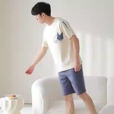 莫代尔 薄款韩版卡通时尚亲肤透气短袖五分裤家居服休闲可外穿睡衣套装 男款 杏色