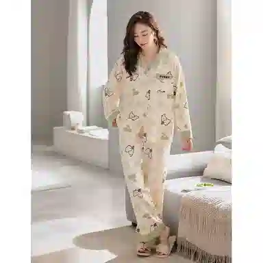 莫代尔 亲肤舒适开衫翻领长袖长裤甜美满印卡通兔可外穿睡衣套装 女款 杏色