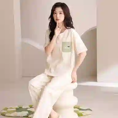 莫代尔 舒适柔软亲肤细腻百搭圆领简约个性大方轻盈透气无束缚短袖长裤家居服可外穿睡衣套装 女款