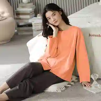 莫代尔 亲肤舒适套头圆领长袖长裤家居服可外穿睡衣套装 女款 桔红色