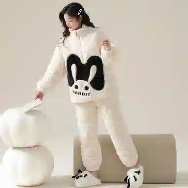 莫代尔 保暖亲肤加绒加厚舒适暖绒柔软储温蓄热卡通兔时尚韩版休闲简约拉链绒可外穿睡衣套装 男女同款