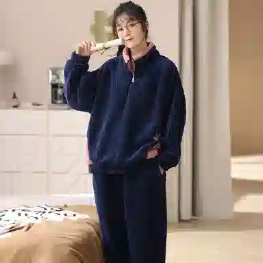 莫代尔 简约透气细腻亲肤吸湿排汗耐磨舒适柔软长袖休闲可外穿长裤睡衣套装 男款 藏青色