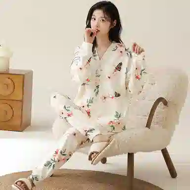 莫代尔 柔软透气吸湿排汗轻盈微弹亲肤耐磨舒适长袖长裤居家休闲可外穿睡衣套装 女款 杏色