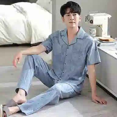 莫代尔 柔软舒适透气亲肤微弹耐磨吸湿排汗开衫短袖松紧裤腰不勒腹长裤可居家休闲可外穿睡衣套装 男款 粉蓝色