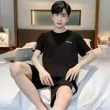 莫代尔 透气舒适经典圆领套头无束缚短袖柔软亲肤不易起球居家服可外穿睡衣套装 男款 黑色