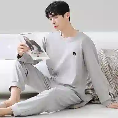 莫代尔 轻盈吸湿排汗舒适亲肤耐磨柔软微弹透气可居家休闲可外穿长袖长裤睡衣套装 男款 浅灰色