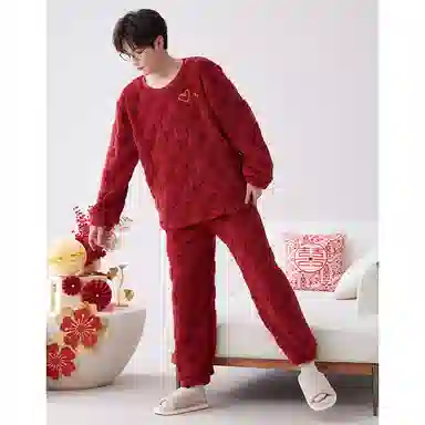 莫代尔 保暖亲肤舒适透气细腻圆领气质时尚家居服长袖长裤可外穿睡衣套装 男女同款 红色