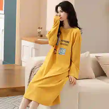 莫代尔 亲肤舒适纯色印花满印长袖居家休闲可外穿睡裙 女款 向日葵色