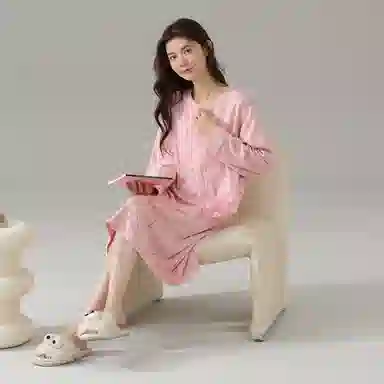 莫代尔 纯棉透气轻盈亲肤耐磨微弹吸湿排汗柔软细腻舒适可居家休闲可外穿长袖睡裙 女款 粉色